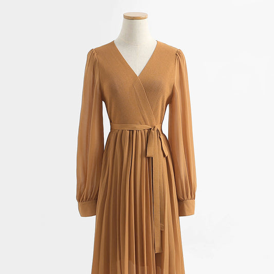 Dress V Neck Long Sleeve knee bottomed skirt pleated patchwork tea break skirt  2140
