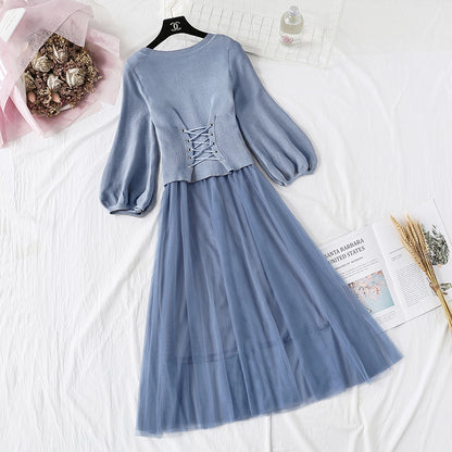 Suit bubble sleeve fairy suspender mesh skirt fashion two-piece set  2146