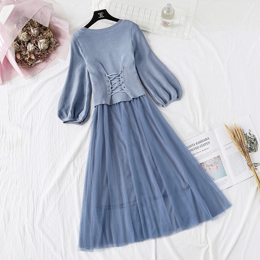 Suit bubble sleeve fairy suspender mesh skirt fashion two-piece set  2146