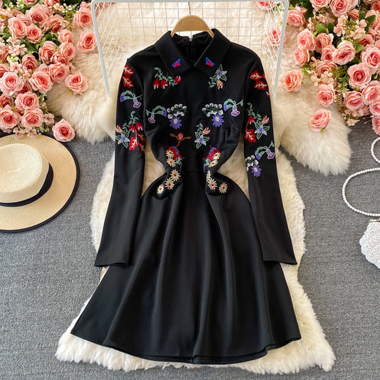 Celebrity temperament high-end Lapel embroidery dress  2916