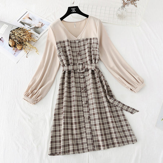 French Vintage plaid skirt fairy super fairy series long sleeve waist fashion  2301