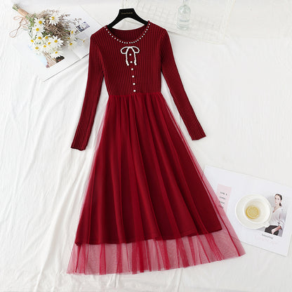 Slim waist with vintage mesh stitching, knee length sweater skirt  2406