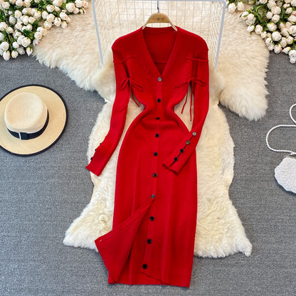 Robe en tricot à col en V de célébrité de la mode 3380