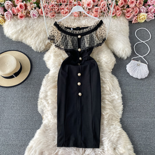 Temperament light mature style one shoulder wave dot mesh dress  2887