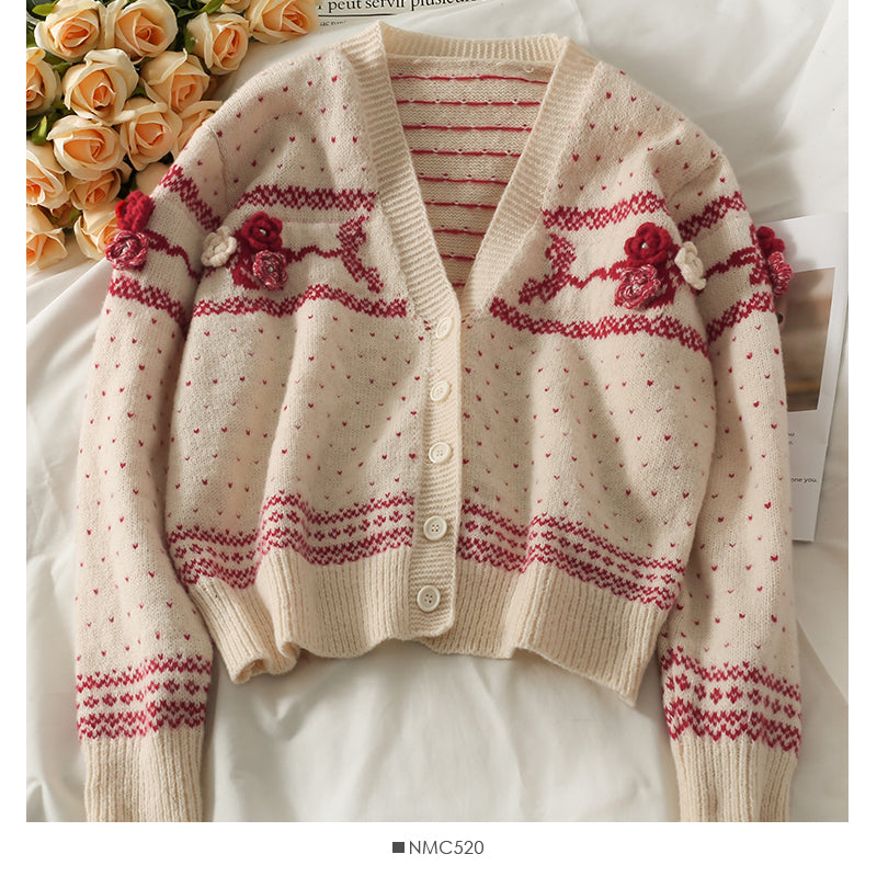 Pull cardigan court à pois en forme de vaguelettes de fleurs tridimensionnelles douces 2039