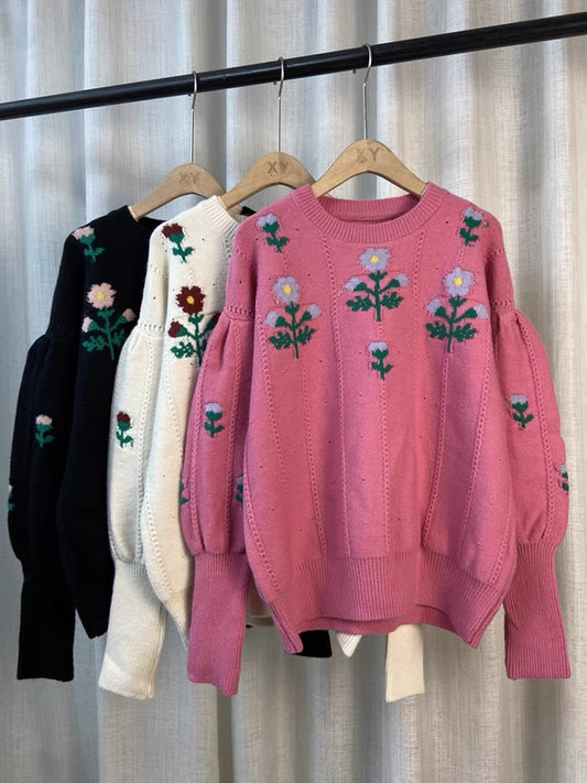 Pull à fleurs de tempérament, pull vintage à manches lanternes en jacquard, haut de vêtements d'extérieur d'automne 1409