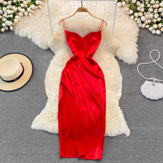 Robe à bretelles à col en V, mode mi-longue fendue, sac banane 3129
