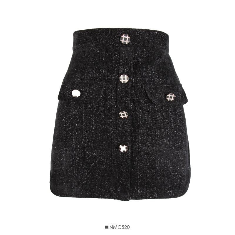 Hong Kong style retro bright silk vertical stripe buckle high waist slim A-line skirt  2588