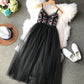 Robe bouffante taille haute en maille fine brodée de fleurs 3397