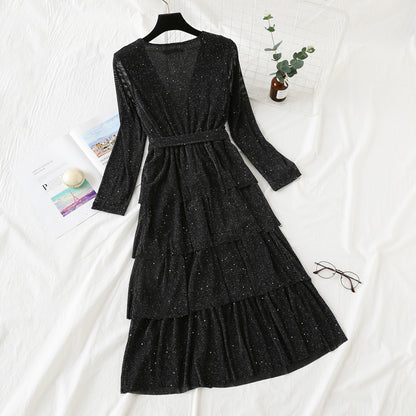 Temperament V-neck Crystal Mesh glittering cake dress  2448