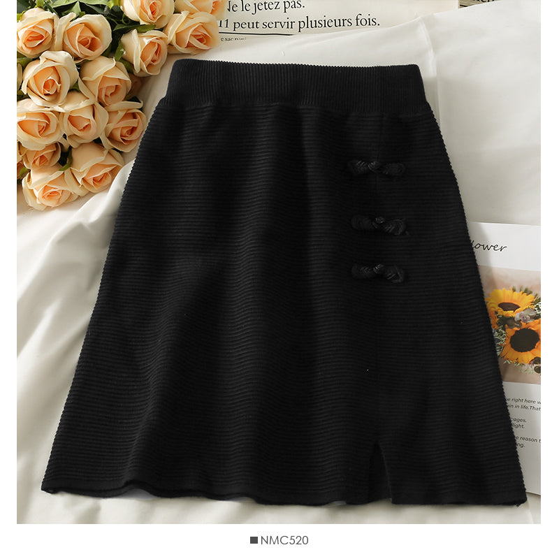 Hong Kong style retro disc buckle elastic waist thin striped A-line skirt  2644