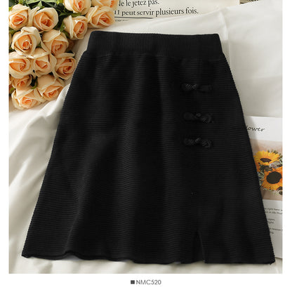 Hong Kong style retro disc buckle elastic waist thin striped A-line skirt  2644