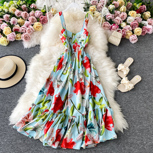 Floral dress open back French long skirt  2847
