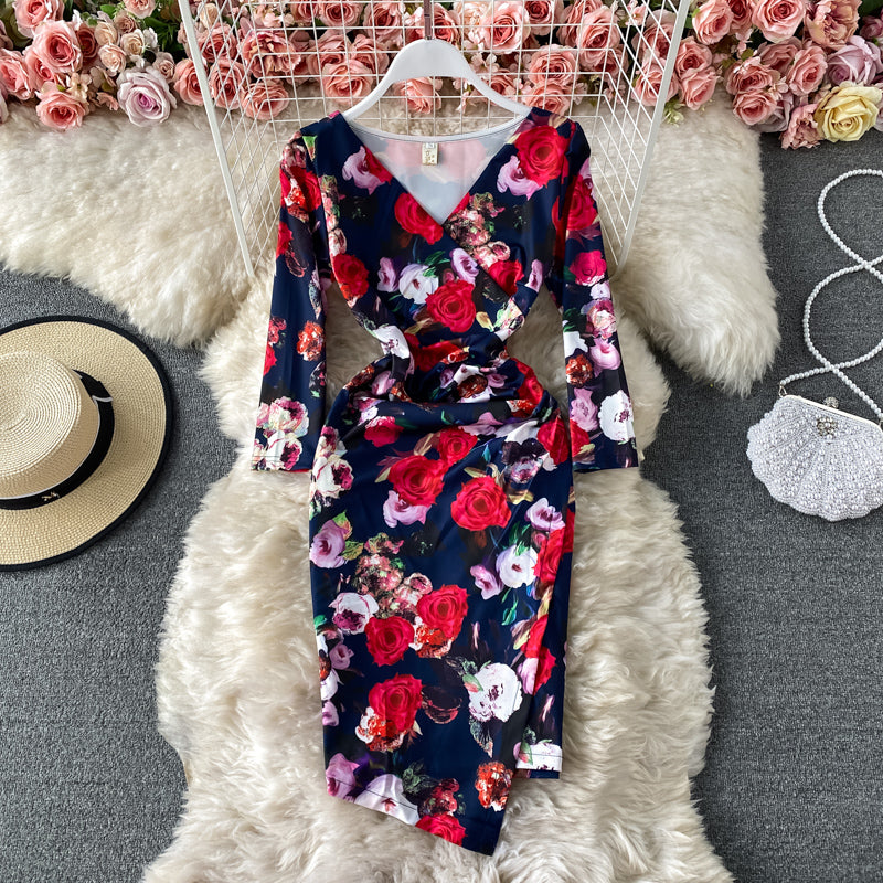 Robe portefeuille sexy imprimée à imprimé irrégulier, jupe mi-longue 3417