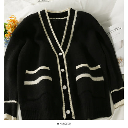 Pull femme nouveau pull rayé ample fin à simple boutonnage 2073