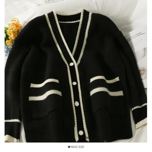 Pull femme nouveau pull rayé ample fin à simple boutonnage 2073