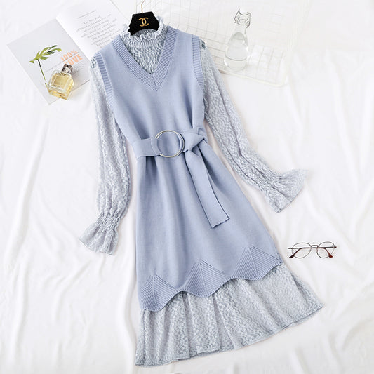 Minority LACE VEST knitted dress fashion suit two piece set female  2473