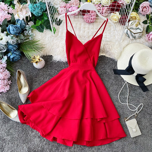 Open back cross suspender skirt waist closing lotus leaf swing dress  2946