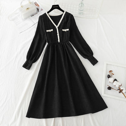 A little black dress with velvet backing and a long coat skirt  2403