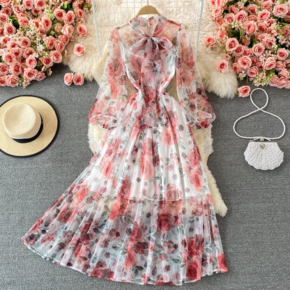 Robe en mousseline de soie à taille haute avec nœud papillon et coupe vent doux 3221