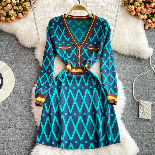 Small fragrance color blocking waist to show thin temperament design dress  3101
