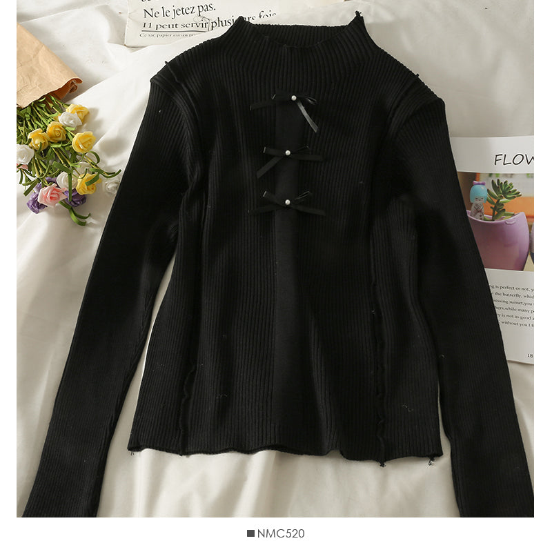 Pull col montant à perles décoratives avec nœud coréen pour femme 2053