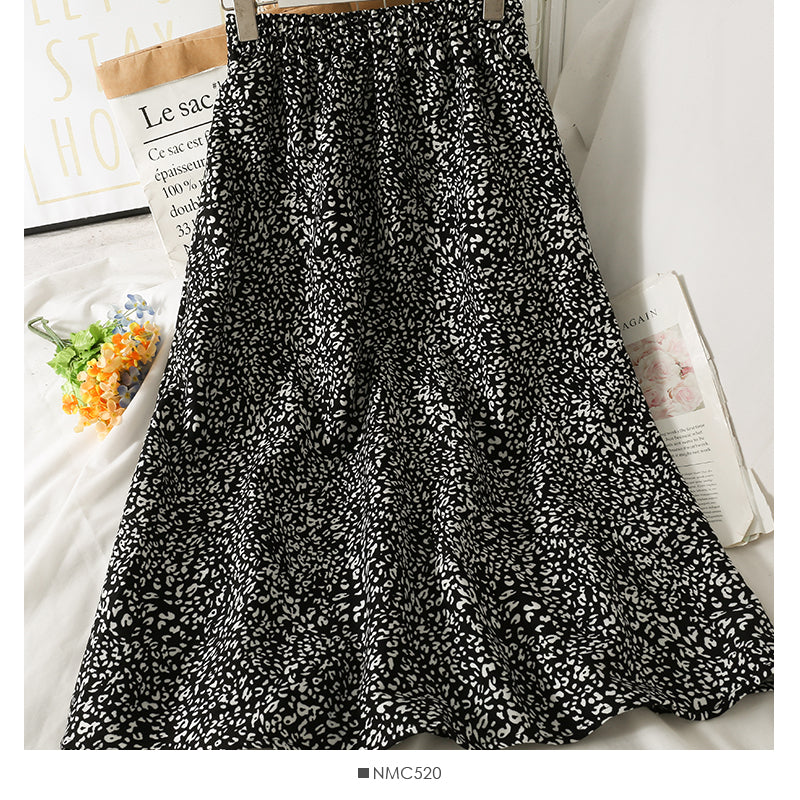 Hong Kong Vintage printed elastic waist thin over knee A-line skirt  2623