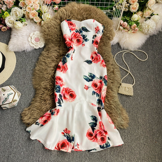 Sexy Strapless slim print medium length ruffled fishtail dress  3031