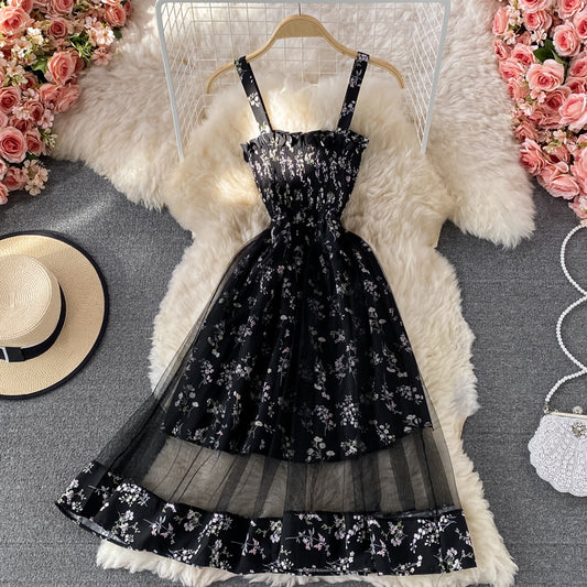 Gentle wind first love broken flower suspender dress  3336