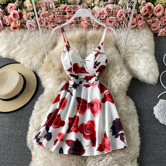 Temperament print slim back A-line dress  2807