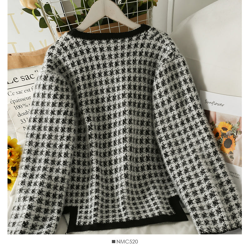 Pull femme automne et hiver à carreaux ample et fin cardigan à manches longues 2075
