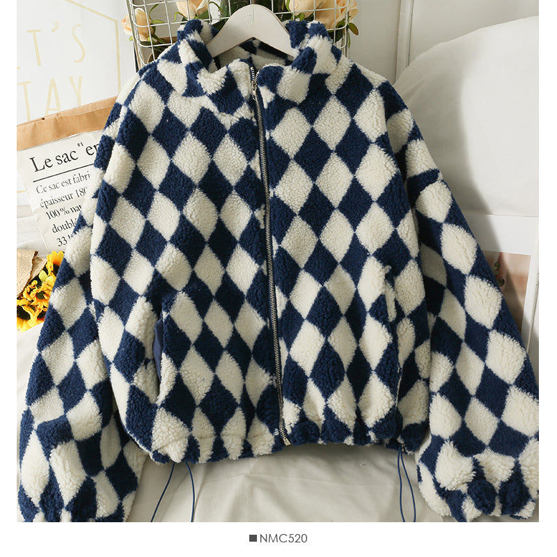 Diamond Plaid high neck bubble sleeve thickened jacket female drawstring lamb wool  2118