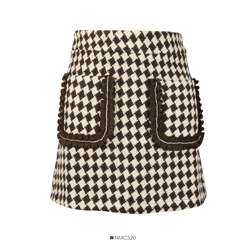 Korean retro color blocking Plaid high waist slim and versatile A-line skirt  2629