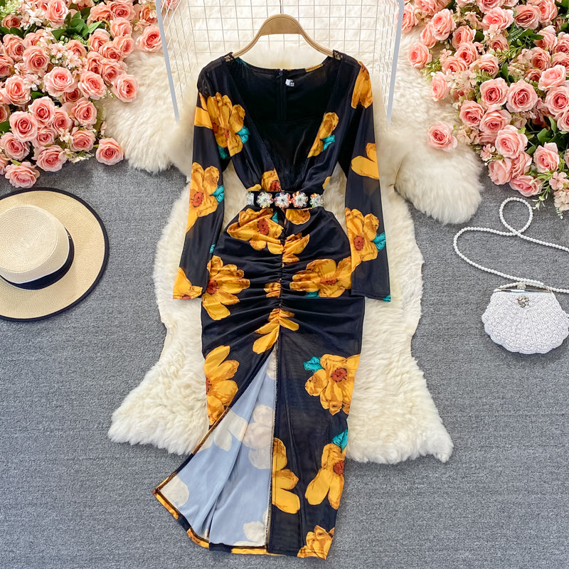 Robe portefeuille élastique sexy à col en V et imprimé 3248