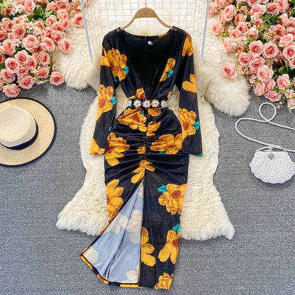Robe portefeuille élastique sexy à col en V et imprimé 3248