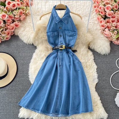 Robe mi-longue en jean sans manches à revers et dos nu 3213