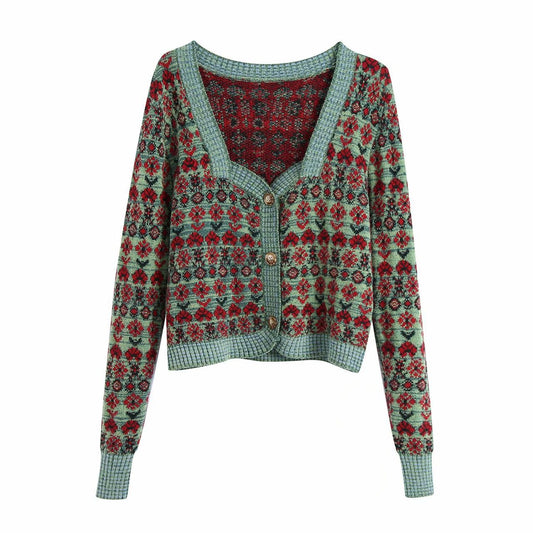Cardigan à col carré en jacquard de style rétro pour femme, pull court et slim, VENTE À BAS PRIX ! 1469 
