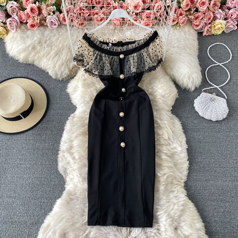 Robe en maille à pois ondulés à une épaule de style mature léger tempérament 2954