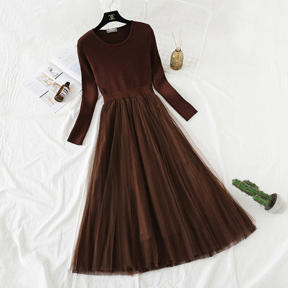 French Vintage mesh stitching knee length sweater skirt  2360