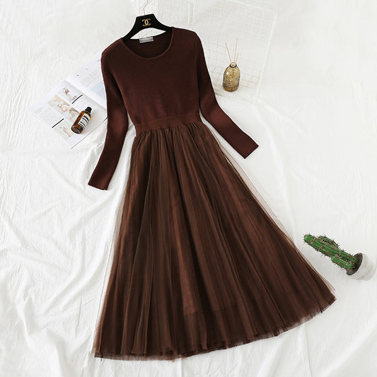 French Vintage mesh stitching knee length sweater skirt  2360