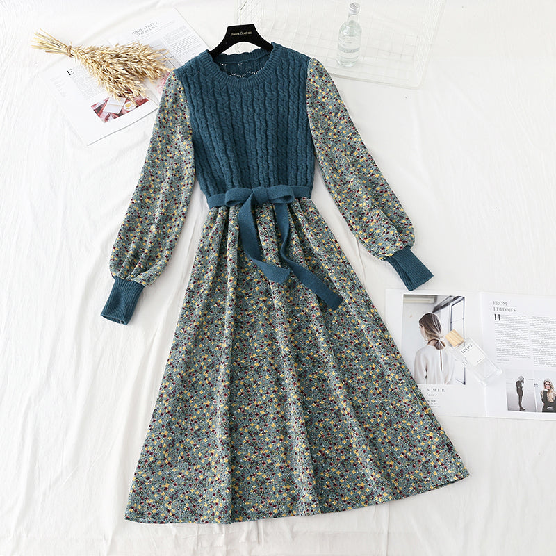 Floral dress new style stitching shows thin temperament slim fit with a bottomed sweater  2136