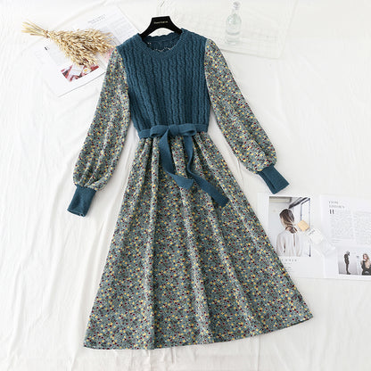 Floral dress new style stitching shows thin temperament slim fit with a bottomed sweater  2136