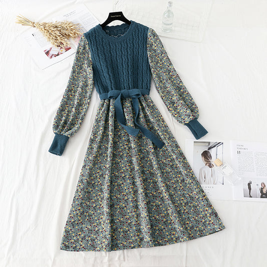 Floral dress new style stitching shows thin temperament slim fit with a bottomed sweater  2136