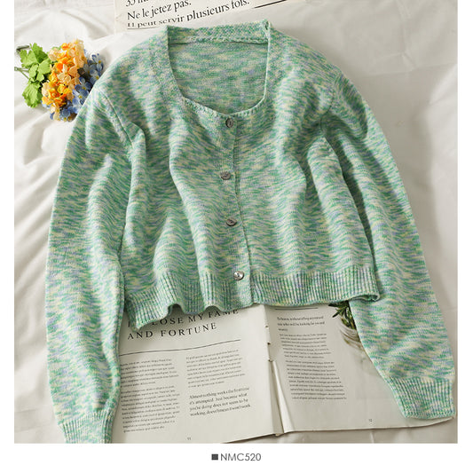 Pull court slim à rayures colorées et col carré élégant pour femme 1870