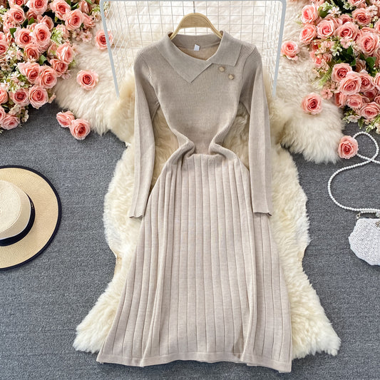 Temperament lady slim waist elastic knitted Pleated Dress  2907