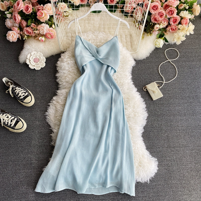 Backless slim fit celebrity temperament knee strap dress  2937