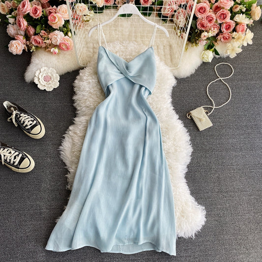 Backless slim fit celebrity temperament knee strap dress  2937