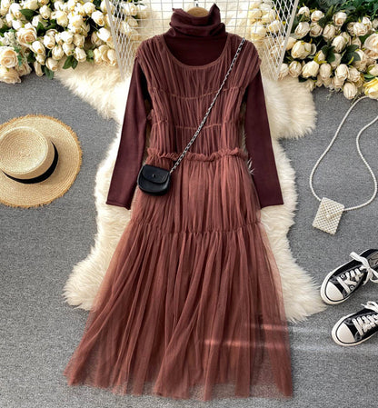 Stylish high neck bottoming shirt + sleeveless tulle dress two piece sets  1315