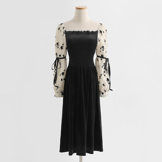 Floral dress long sleeves show thin temperament velvet skirt long skirt  2190