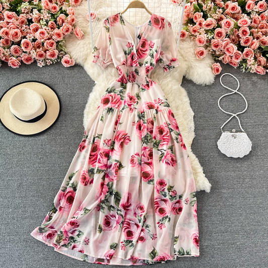 Robe élégante à imprimé rose et col en V 3082